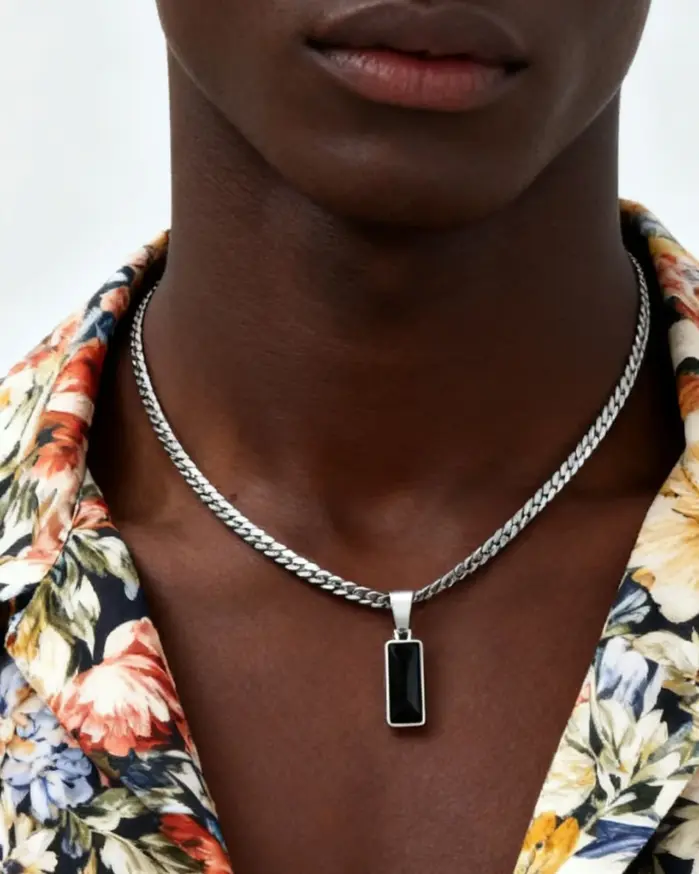 Collares con colgante de piedra geométrica para hombre con estilo, collares de cadena cubana plana de acero inoxidable, regalos de joyería de Hip Hop para él y niños 2