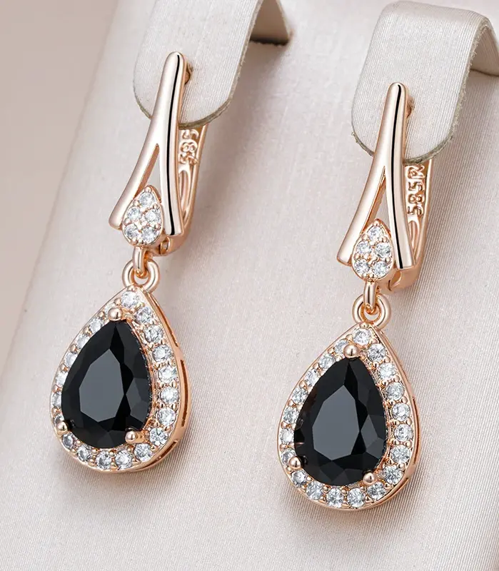 pendientes largos de circonita Natural negra brillante para mujer, joyería fina para uso diario, Color oro rosa 585, Vintage, para fiesta de boda 1