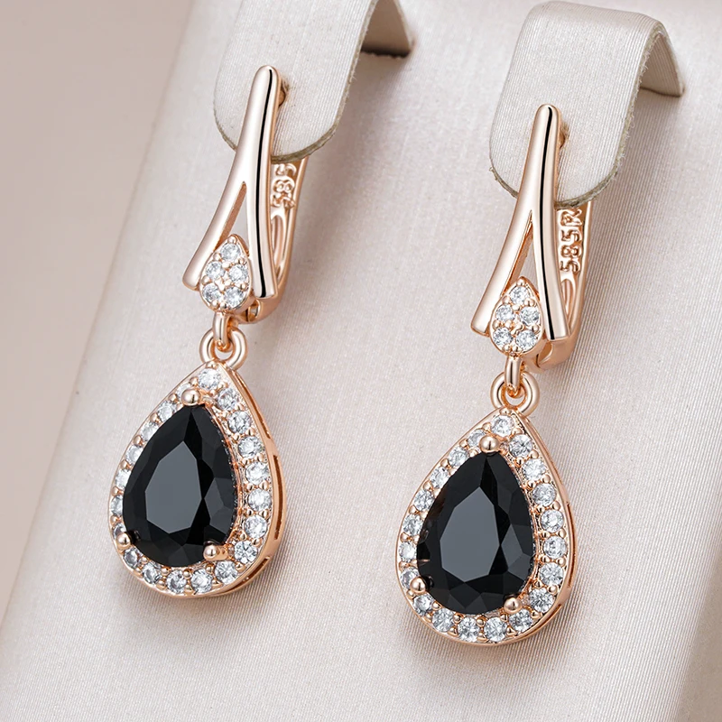 pendientes largos de circonita Natural negra brillante para mujer, joyería fina para uso diario, Color oro rosa 585, Vintage, para fiesta de boda 1 pendientes largos de circonita Natural negra brillante para mujer, joyería fina para uso diario, Color oro rosa 585, Vintage, para fiesta de boda 1