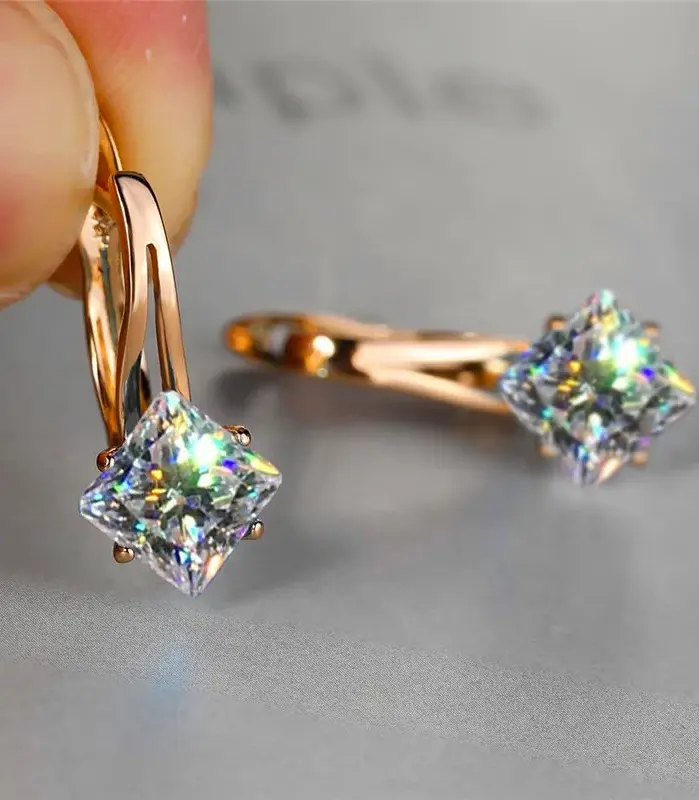 Bonita joyería cuadrada de champán para mujer, pendiente de aro de piedra de circón de cristal de lujo, pendientes de boda de Color oro rosa para mujer 1