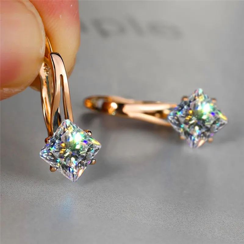 Bonita joyería cuadrada de champán para mujer, pendiente de aro de piedra de circón de cristal de lujo, pendientes de boda de Color oro rosa para mujer 1 Bonita joyería cuadrada de champán para mujer, pendiente de aro de piedra de circón de cristal de lujo, pendientes de boda de Color oro rosa para mujer 1