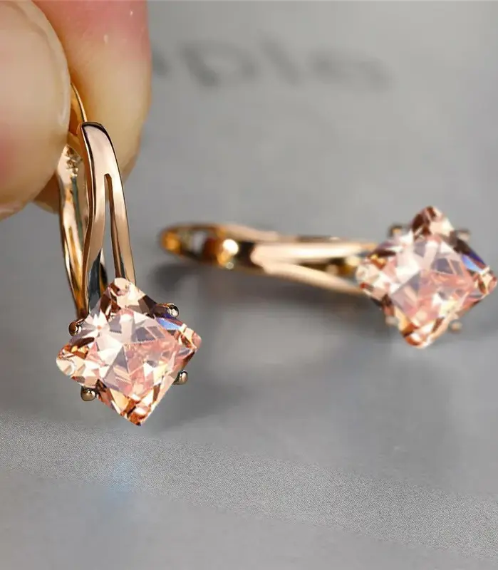 Bonita joyería cuadrada de champán para mujer, pendiente de aro de piedra de circón de cristal de lujo, pendientes de boda de Color oro rosa para mujer 2