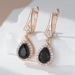 pendientes largos de circonita Natural negra brillante para mujer, joyería fina para uso diario, Color oro rosa 585, Vintage, para fiesta de boda 3