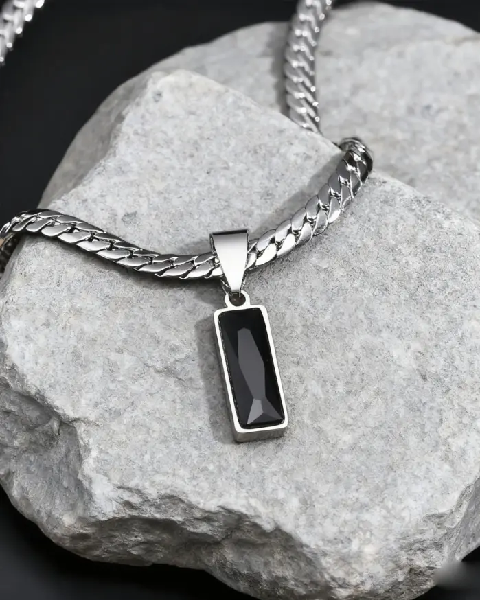 Collares con colgante de piedra geométrica para hombre con estilo, collares de cadena cubana plana de acero inoxidable, regalos de joyería de Hip Hop para él y niños 1