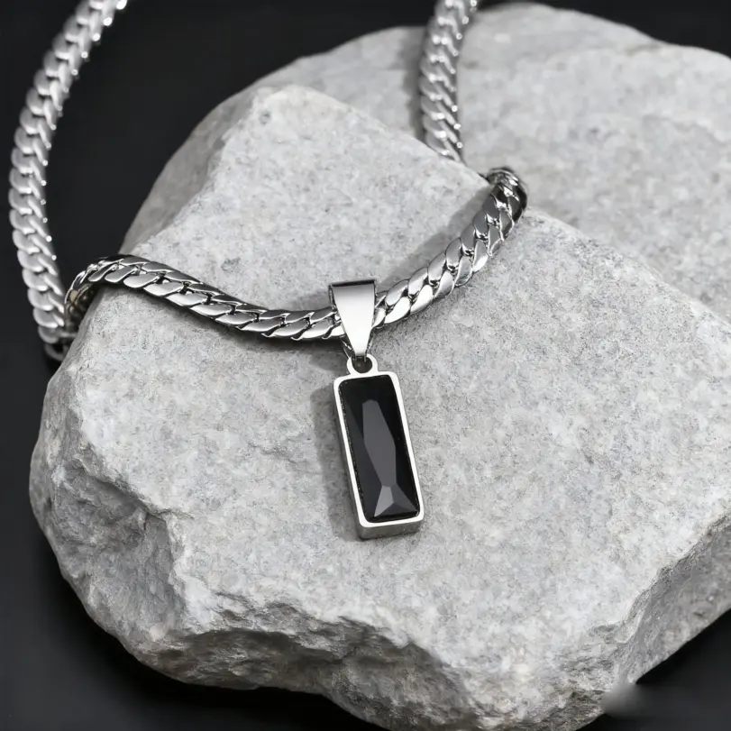 Collares con colgante de piedra geométrica para hombre con estilo, collares de cadena cubana plana de acero inoxidable, regalos de joyería de Hip Hop para él y niños 1 Collares con colgante de piedra geométrica para hombre con estilo, collares de cadena cubana plana de acero inoxidable, regalos de joyería de Hip Hop para él y niños 1