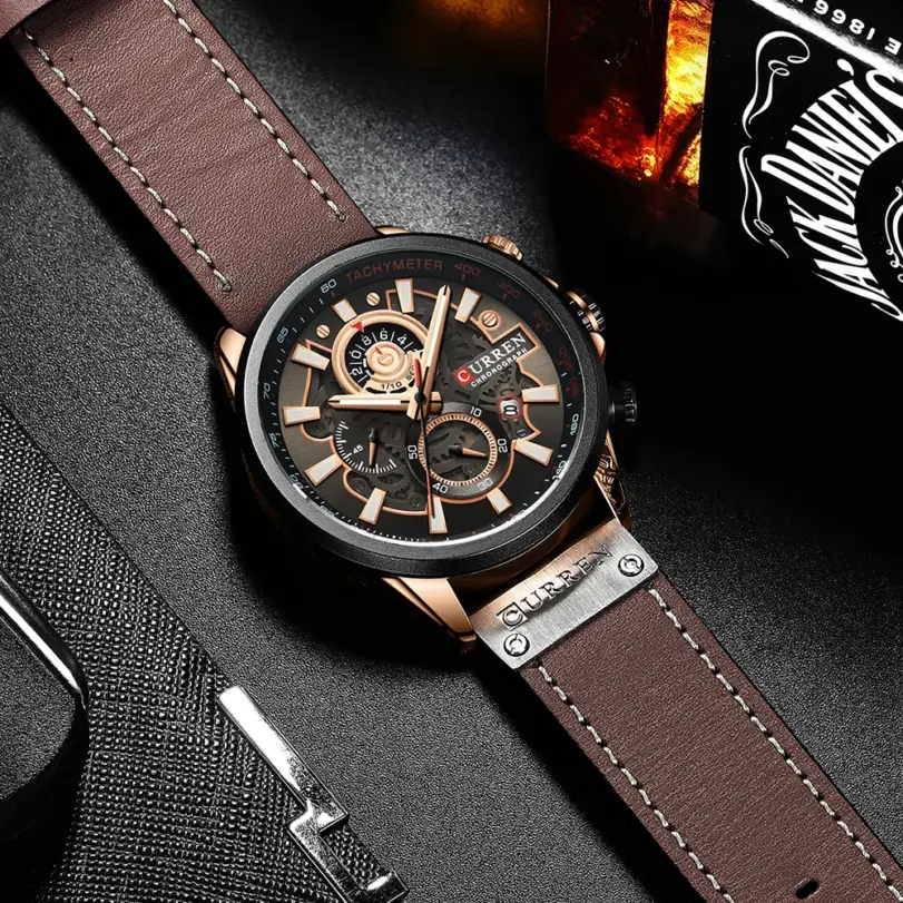 Reloj CURREN para hombre, cronógrafo deportivo de marca de lujo, relojes de pulsera militares de cuero genuino resistentes al agua, reloj para hombre, reloj Masculino 2