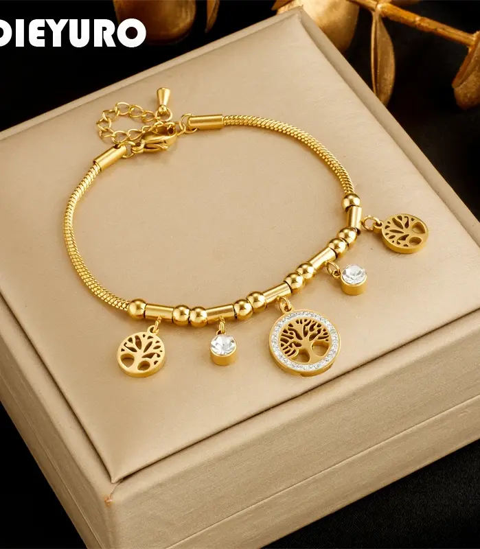 316L Acero inoxidable árbol redondo pulsera con dije de circón blanco para mujer chica nueva moda joyería que no se decolora regalo fiesta 1
