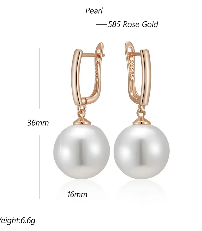Hot Simple 10mm 12mm 16mm pendientes colgantes de perlas para mujer de lujo 585 Color oro rosa pendientes diarios para novia joyería de boda 2
