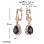 pendientes largos de circonita Natural negra brillante para mujer, joyería fina para uso diario, Color oro rosa 585, Vintage, para fiesta de boda 2