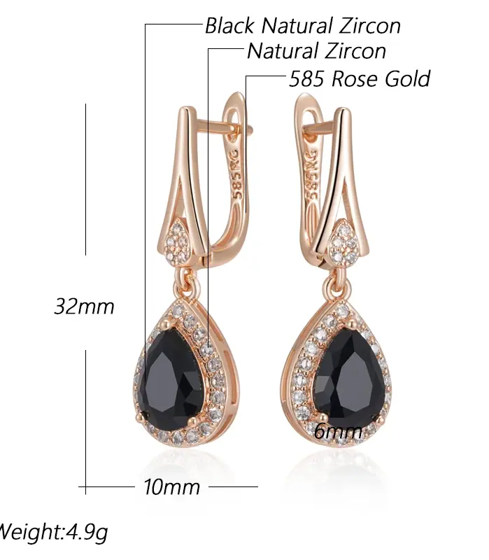 pendientes largos de circonita Natural negra brillante para mujer, joyería fina para uso diario, Color oro rosa 585, Vintage, para fiesta de boda 2