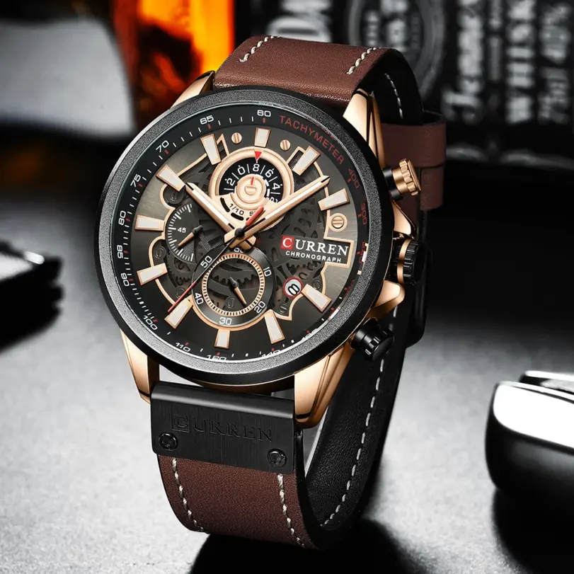 Reloj CURREN para hombre, cronógrafo deportivo de marca de lujo, relojes de pulsera militares de cuero genuino resistentes al agua, reloj para hombre, reloj Masculino 4