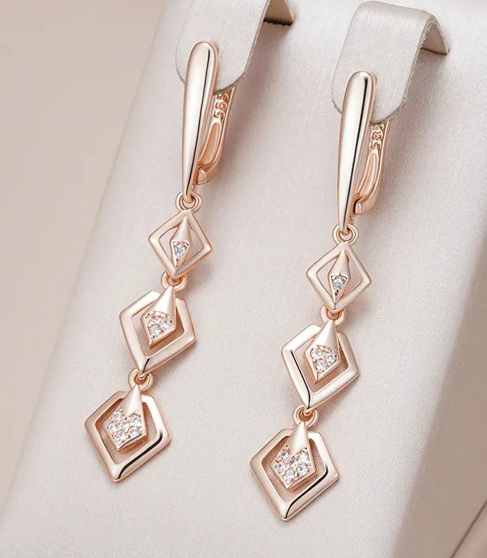 pendientes de gota geométricos huecos brillantes para mujer, Color oro rosa 585, circonita Natural brillante, joyería étnica fina diaria 1