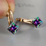 Bonita joyería cuadrada de champán para mujer, pendiente de aro de piedra de circón de cristal de lujo, pendientes de boda de Color oro rosa para mujer 3