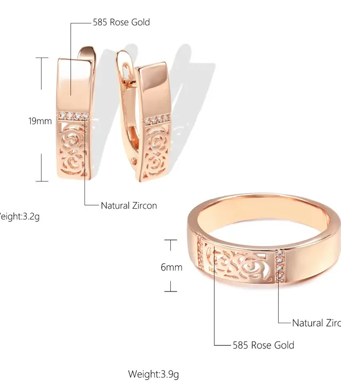 Kinel-Conjunto de anillos y pendientes de oro rosa para mujer, aretes colgantes de circonita Natural con flor hueca, conjuntos de joyería Vintage para boda, 585 2