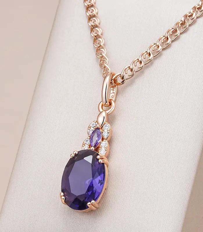 Kinel-collar con colgante de circón Natural ovalado púrpura brillante para mujer, colgante de Color oro rosa 585, joyería diaria Vintage para fiesta 1