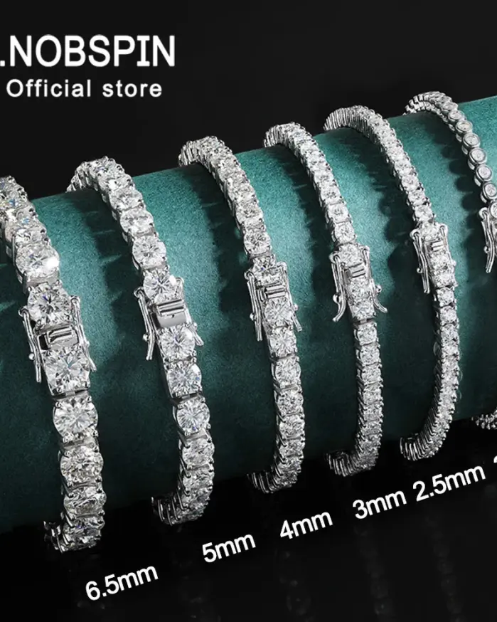 KNOBSPIN-pulsera de tenis de moissanita para hombre y mujer, brazalete de oro blanco Chapado en plata de ley 925, joyería brillante para fiesta, 2mm