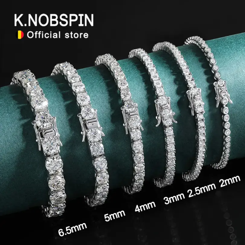 KNOBSPIN-pulsera de tenis de moissanita para hombre y mujer, brazalete de oro blanco Chapado en plata de ley 925, joyería brillante para fiesta, 2mm KNOBSPIN-pulsera de tenis de moissanita para hombre y mujer, brazalete de oro blanco Chapado en plata de ley 925, joyería brillante para fiesta, 2mm