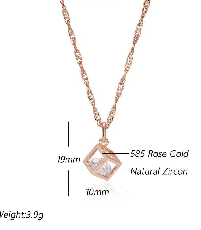 Kinel-collar con colgante cuadrado hueco Simple para mujer, Color oro rosa 585, accesorios de circón Natural, joyería fina diaria 2