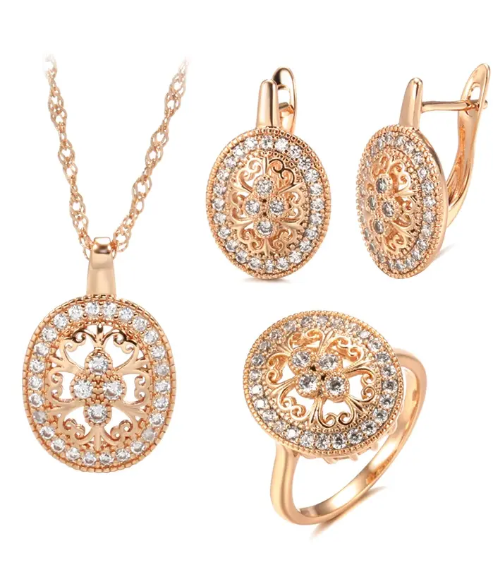 Kinel moda novedosa 585 collar de oro rosa pendientes conjuntos de anillos para mujer circón Natural flor étnica novia conjunto de joyería de boda 1