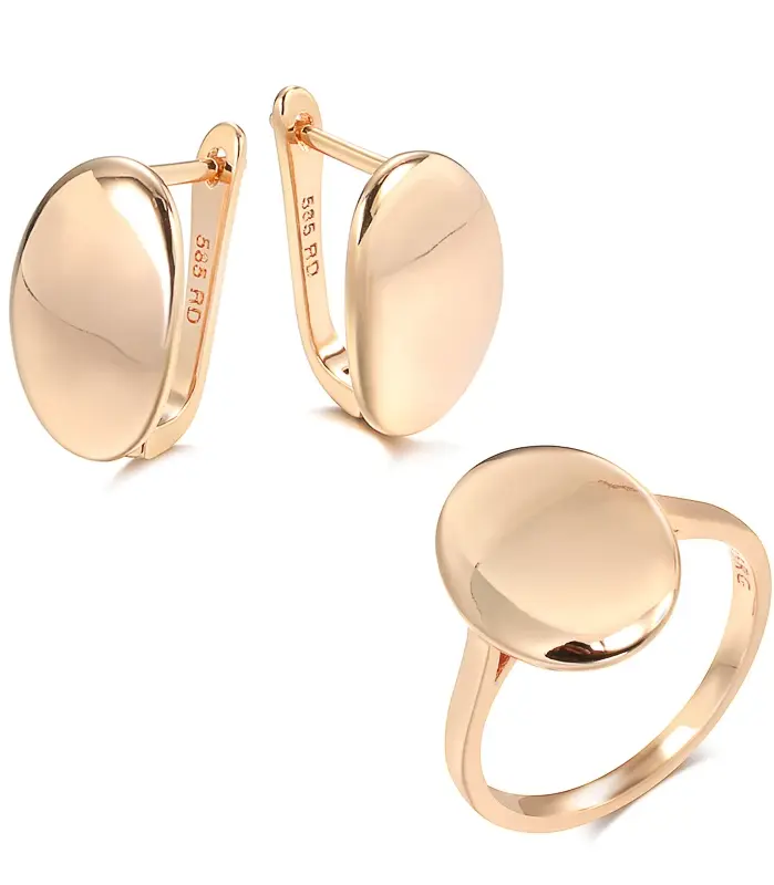 Kinel-Conjunto de pendientes colgantes brillantes para mujer, anillos ovalados simples de oro rosa 585, conjunto de joyería fina diaria de alta calidad 1