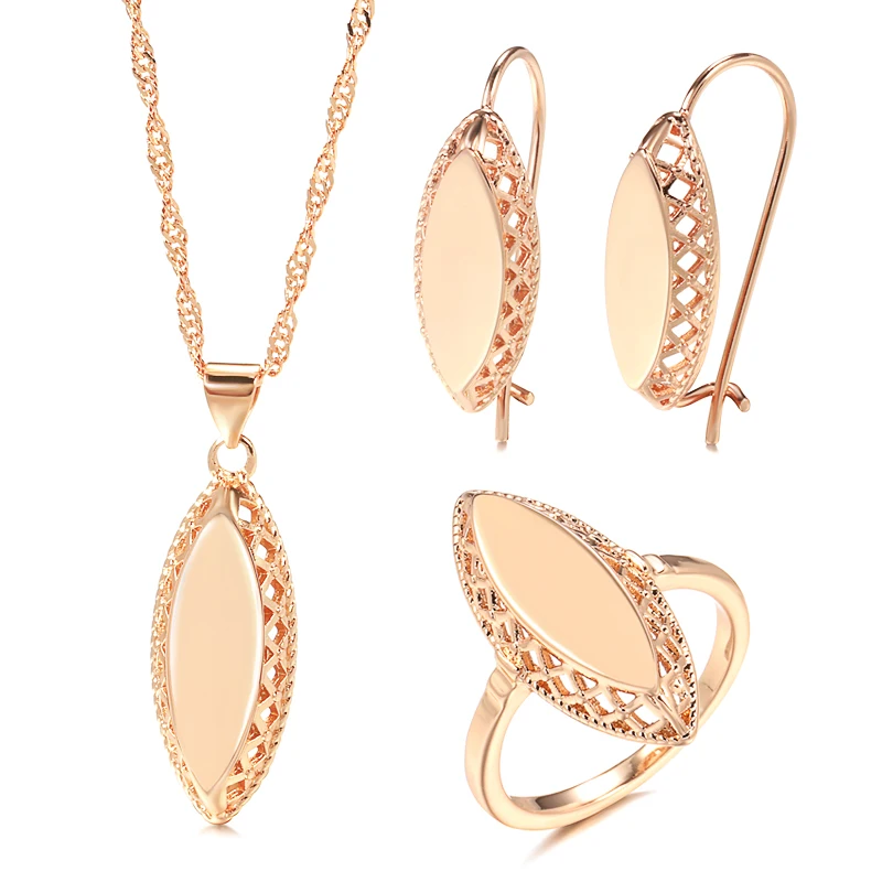 Kinel-Conjunto de joyería de boda para mujer, collar brillante, pendientes, anillo, oro rosa, rombo tejido Simple, novia étnica, moda caliente, 585 1 Kinel-Conjunto de joyería de boda para mujer, collar brillante, pendientes, anillo, oro rosa, rombo tejido Simple, novia étnica, moda caliente, 585 1
