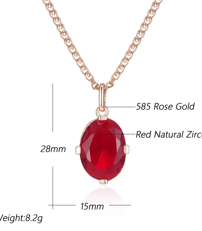 Kinel-collar con colgante de circón Natural para mujer, ovalado, rojo, brillante, Color oro rosa 585, joyería fina diaria de alta calidad 2