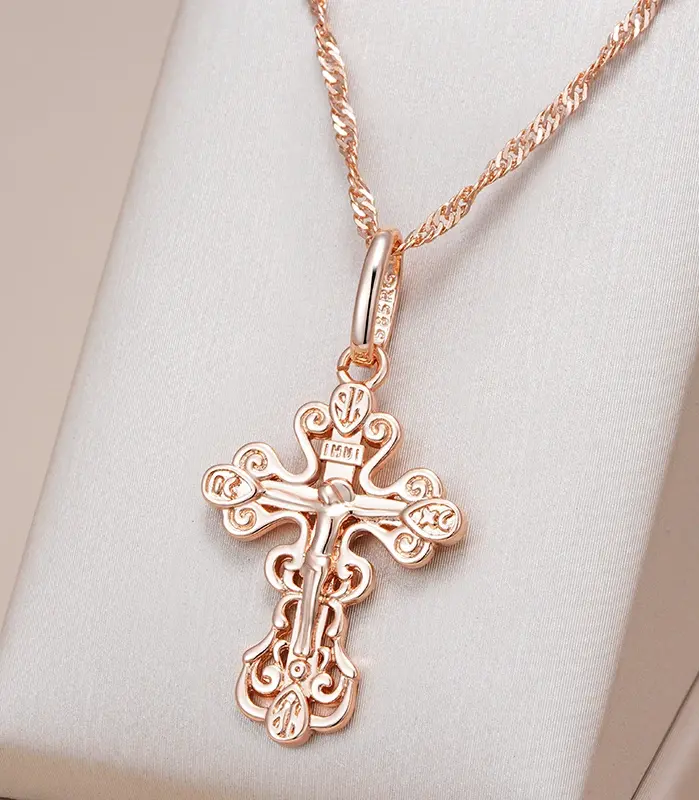 Kinel-collar con colgante de cruz de Color oro rosa 585, lujo, para mujeres y hombres, Iglesia Ortodoxa, Jesús, abalorio brillante, joyería fina diaria 1