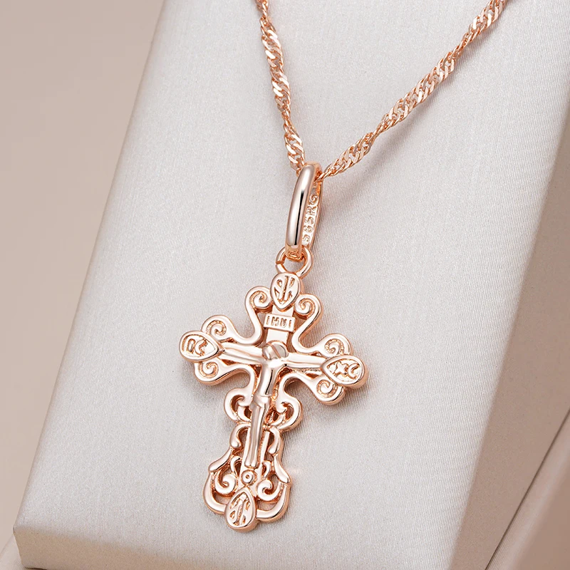 Kinel-collar con colgante de cruz de Color oro rosa 585, lujo, para mujeres y hombres, Iglesia Ortodoxa, Jesús, abalorio brillante, joyería fina diaria 1 Kinel-collar con colgante de cruz de Color oro rosa 585, lujo, para mujeres y hombres, Iglesia Ortodoxa, Jesús, abalorio brillante, joyería fina diaria 1