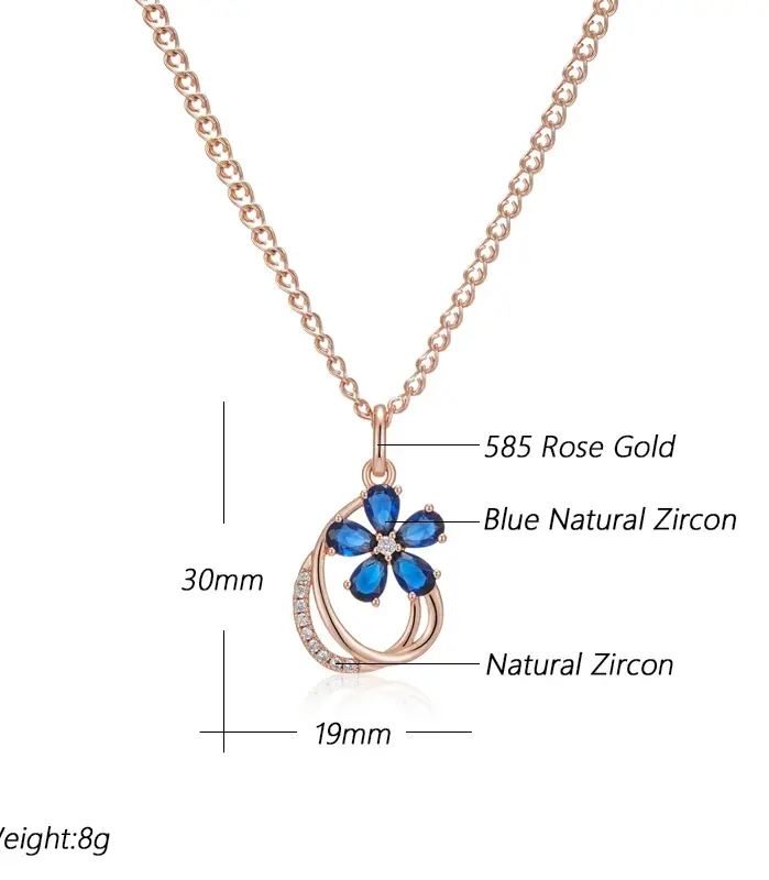 Kinel Trend-collar con colgante de flor de circón Natural azul brillante para mujer, Color oro rosa 585, joyería Vintage fina para uso diario 2