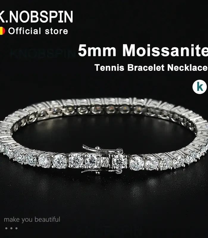 KNOBSPIN-collar de pulsera de tenis de moissanita de 5mm para mujer, de Plata de Ley 925, Diamante de laboratorio D VVS1 con joyería con certificado GRA 1