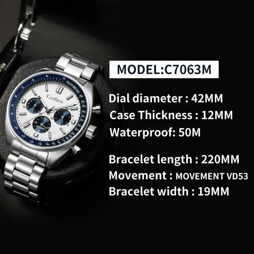 CADISEN 2024 nuevos relojes para hombres, relojes de negocios de cuarzo, reloj japonés VD53 para hombres, reloj de lujo de marca superior, reloj cronógrafo para hombres 5