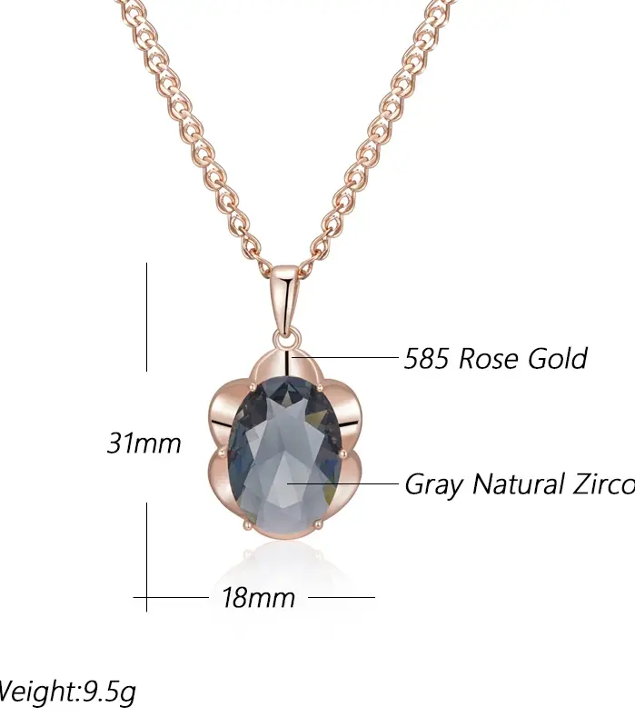 Kinel-collar con colgante ovalado grande para mujer, color gris intenso, tendencia 585, Color oro rosa con circón Natural, joyería fina diaria de alta calidad 2
