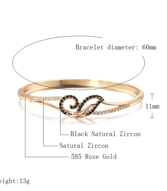 Kinel-brazaletes de oro rosa 585 para mujer, brazalete de circón Natural negro, joyería de boda de moda, regalo de alta calidad 2