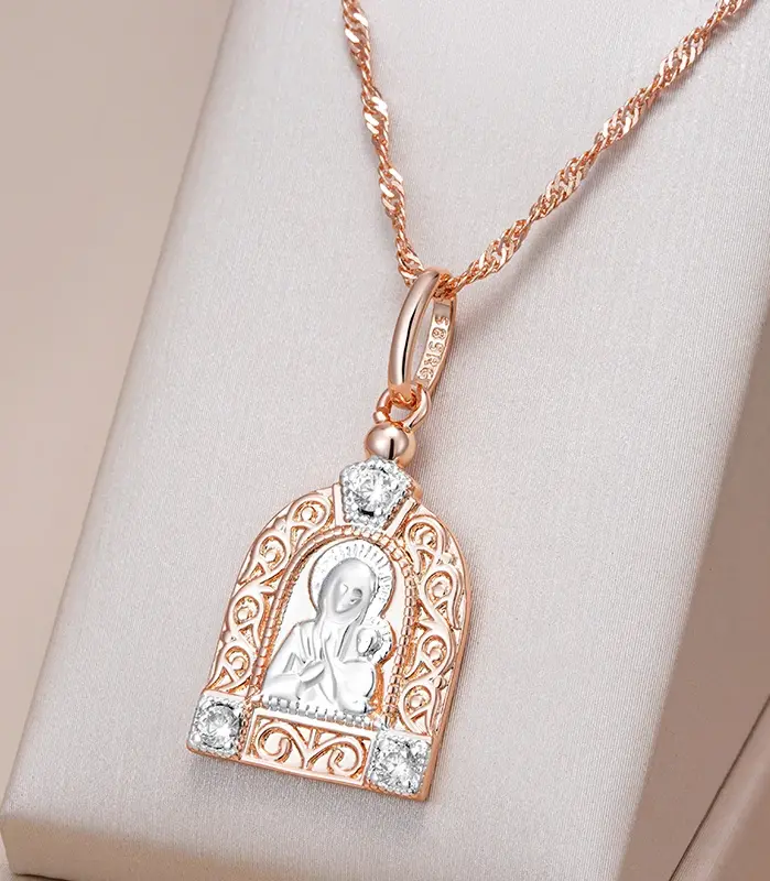 Kinel-collar con colgante de la Virgen María de lujo para hombre y mujer, Color oro rosa 585, circonita Natural, abalorio de Jesús, joyería fina diaria, regalos 1