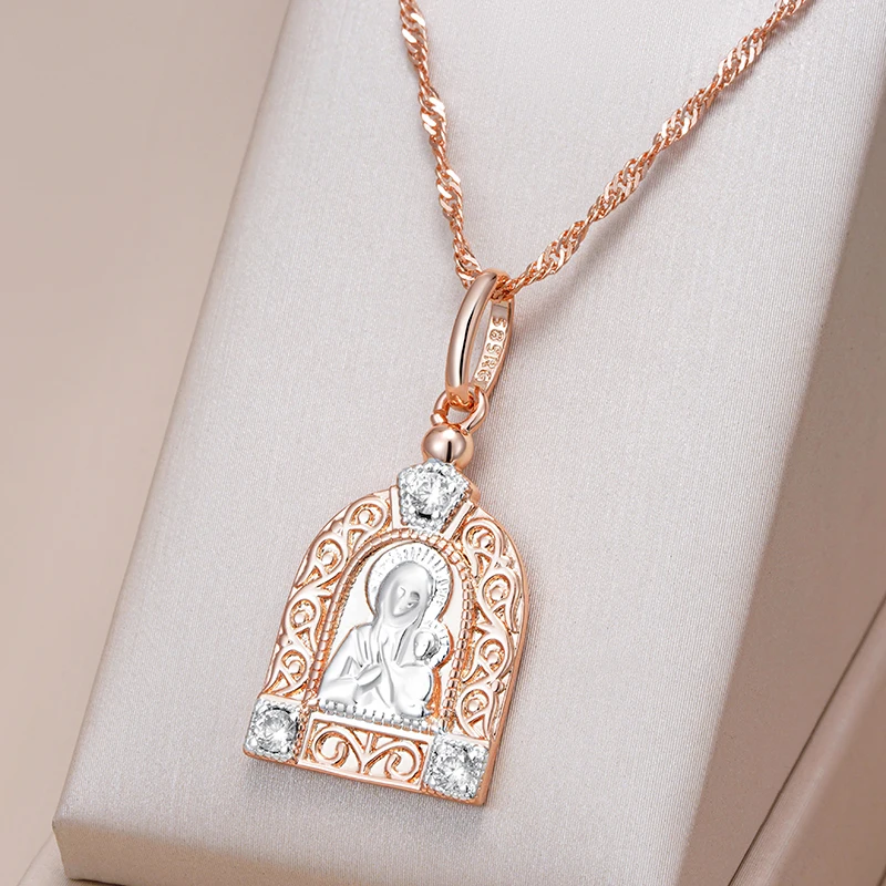 Kinel-collar con colgante de la Virgen María de lujo para hombre y mujer, Color oro rosa 585, circonita Natural, abalorio de Jesús, joyería fina diaria, regalos 1 Kinel-collar con colgante de la Virgen María de lujo para hombre y mujer, Color oro rosa 585, circonita Natural, abalorio de Jesús, joyería fina diaria, regalos 1