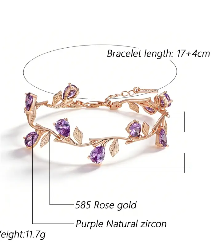 Kinel-pulsera de pétalos de Color oro rosa 585 de lujo para mujer, accesorios de circonita Natural morada brillante, joyería étnica para boda 2