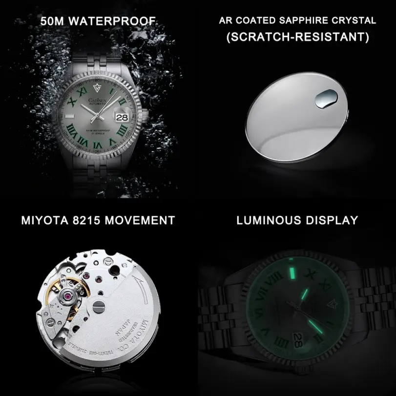 NUEVO Reloj Mecánico Automático para Hombre CADISEN 2027 de 38MM, Reloj de Lujo Resistente al Agua de Acero Inoxidable con Movimiento MIYOTA 8215 6