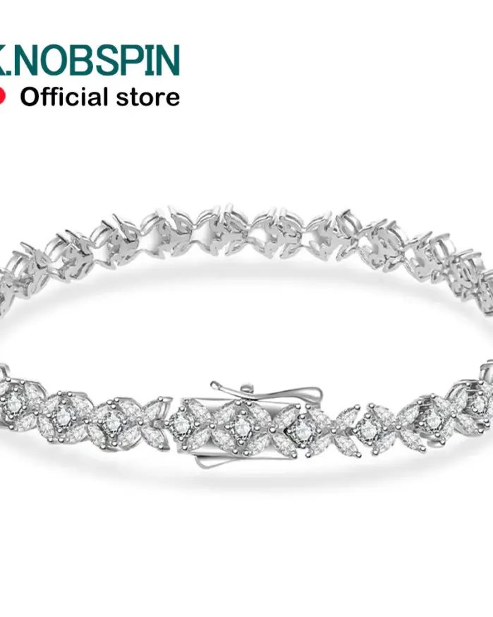 Pulsera de tenis KNOBSPIN de plata de ley s925 con moissanita, corte marquesa/redondo, pulseras florales para mujer, regalo de aniversario de bodas 1