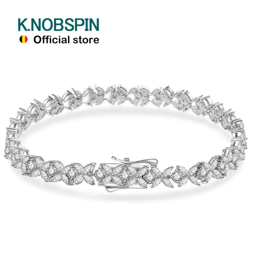Pulsera de tenis KNOBSPIN de plata de ley s925 con moissanita, corte marquesa/redondo, pulseras florales para mujer, regalo de aniversario de bodas 1