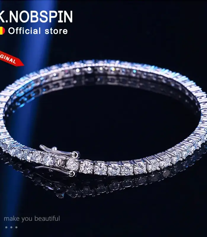 KNOBSPIN 4 mm D Color Moissanite Tennis Bracelet 925 Sterling Silver Plated con 18k White Gold Bracelet para Mujer Hombre Sparkling Party Jewelry al por mayor, Viene con una garantía posventa de 3 años 1