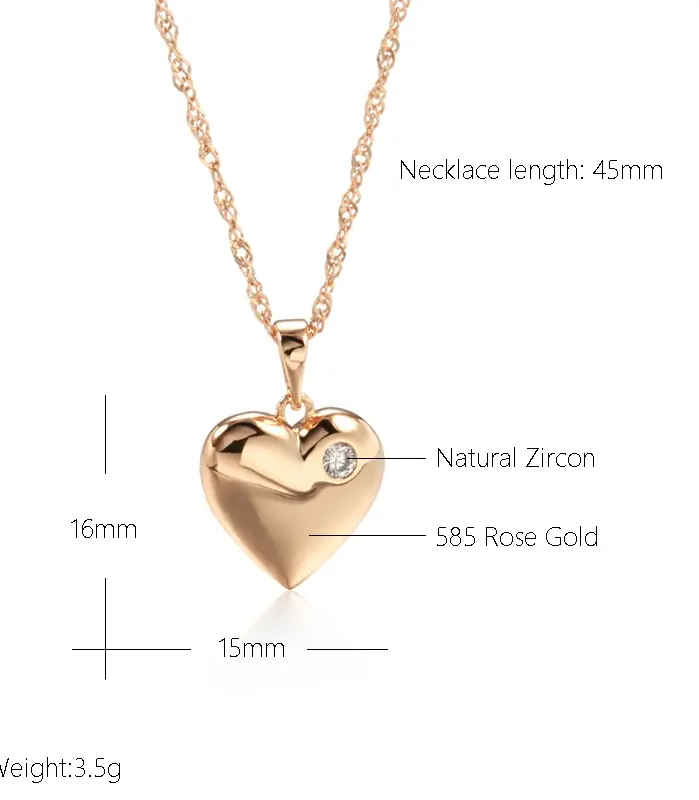 Kinel-collar con colgante de corazón para mujer, circonita Natural de lujo con Color oro rosa 585, joyería moderna para fiesta y boda 2