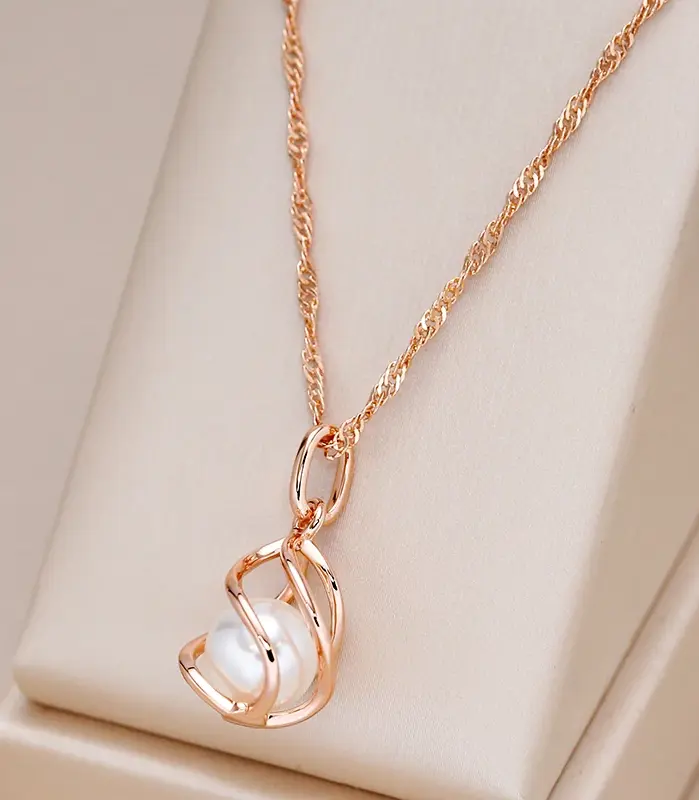 Kinel-collar con colgante de oro rosa 585 de lujo para mujer, joyería de boda nupcial con perlas huecas geométricas únicas, regalo de uso diario 1