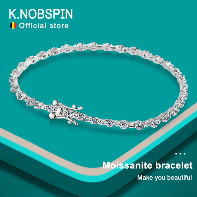 KNOBSPIN 3mm D VVS1 pulsera de tenis de moissanita sólida plata de ley s925 chapada en oro blanco de 18k con pulseras GRA para mujer hombre 1