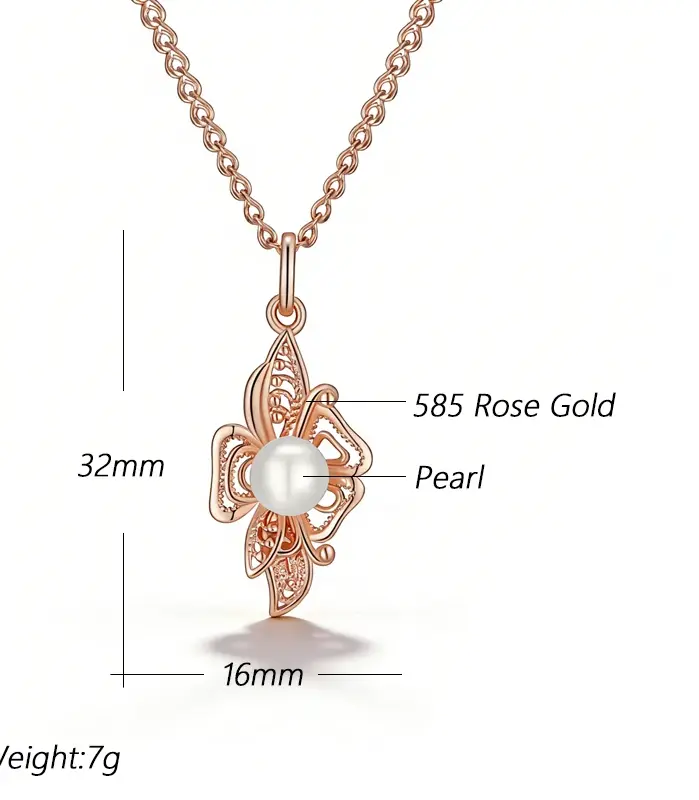 Kinel-collar con colgante de flor para mujer, Color oro rosa 585, con perla redonda, joyería de moda, regalo para fiesta y uso diario 2