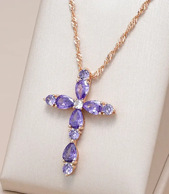 Kinel, collares con colgante de Cruz de Color oro rosa 585 inusuales para mujer, accesorios de circón Natural púrpura, joyería fina diaria 1