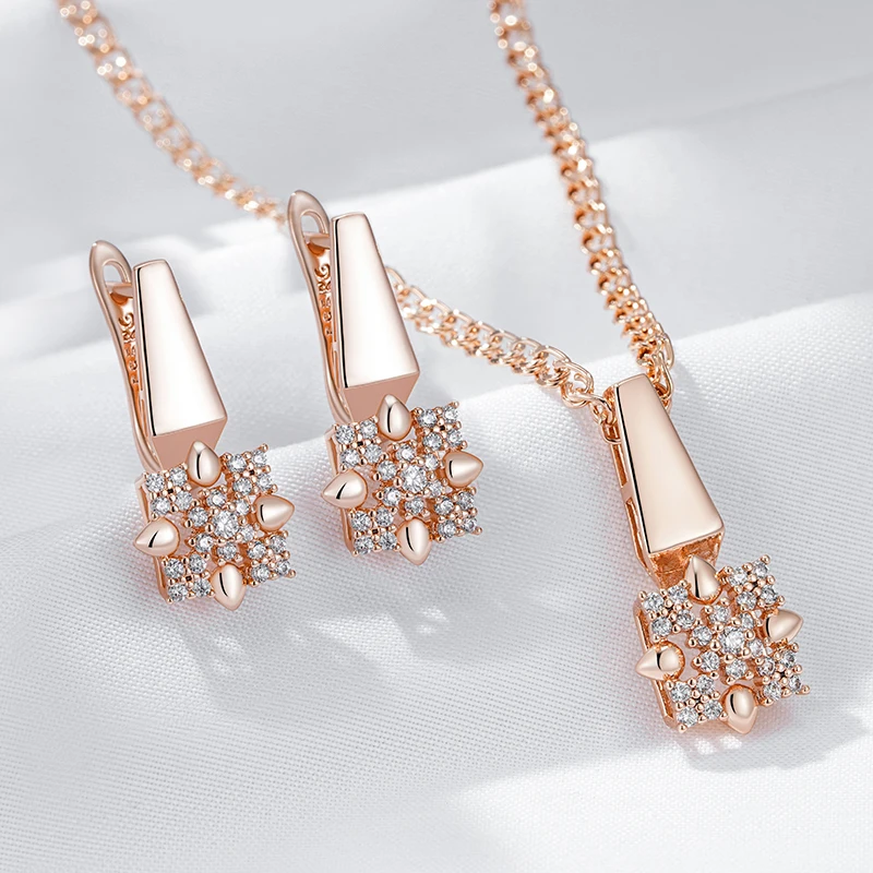 Kinel Hot 585 pendientes colgantes de flor de cristal de Color oro rosa colgante para mujer accesorios de circón Natural conjuntos de joyería fina diaria 1 Kinel Hot 585 pendientes colgantes de flor de cristal de Color oro rosa colgante para mujer accesorios de circón Natural conjuntos de joyería fina diaria 1