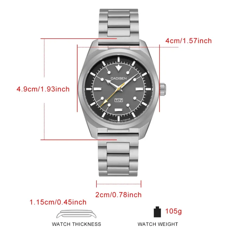 CADISEN TI-7 AUTODYNE Reloj de pulsera de acero y titanio, reloj mecánico automático para hombre, reloj de pulsera MIYOTA 8215, relojes resistentes al agua hasta 100M 6