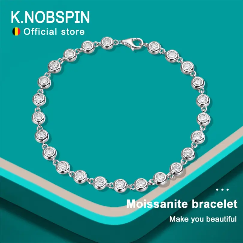 KNOBSPIN-pulsera de tenis de moissanita de 3mm con certificado GRA, pulseras de plata de ley s925 con bisel delicado para mujer y hombre, joyería de boda 1