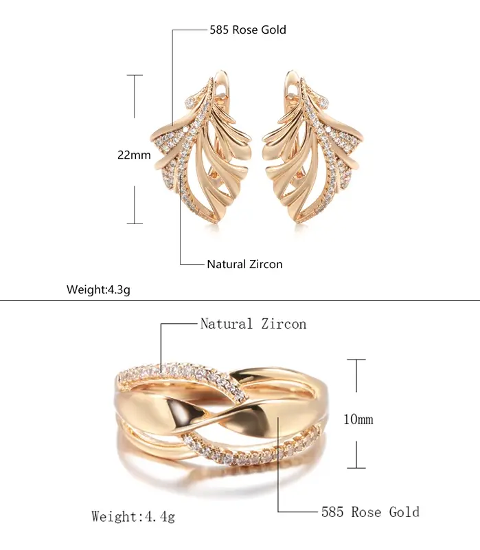 Kinel-pendientes de oro rosa 585 para mujer, anillo con microcera incrustada, pendientes de hoja de circón Natural, anillo geométrico, conjuntos de joyería de boda 2