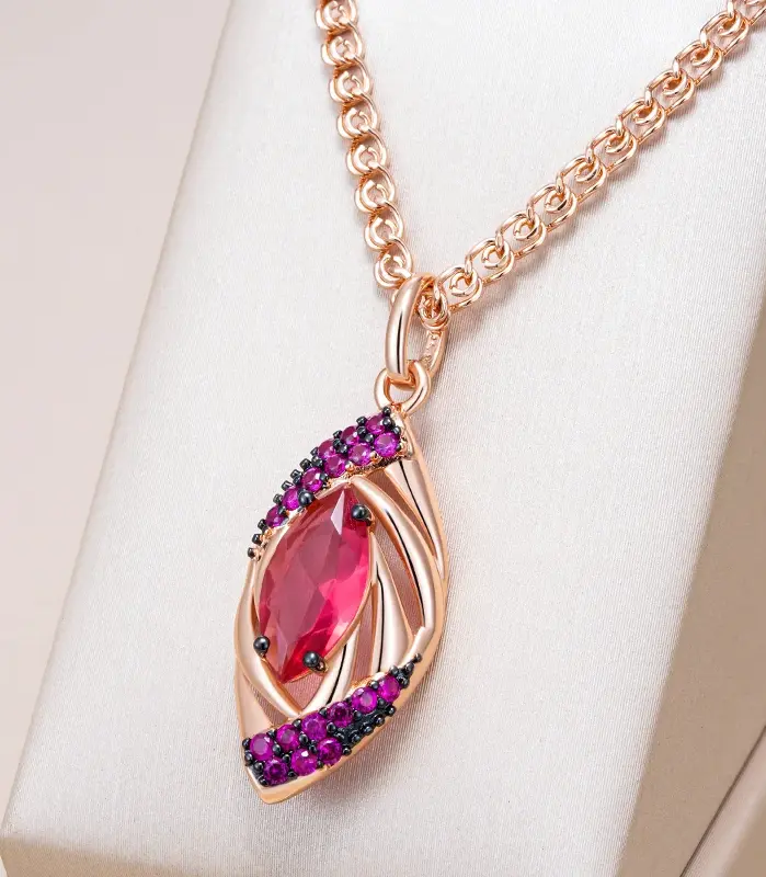 Kinel-collar con colgante de circón Natural rojo brillante para mujer, chapado en oro rosa 585, joyería colgante Vintage fina para uso diario 1
